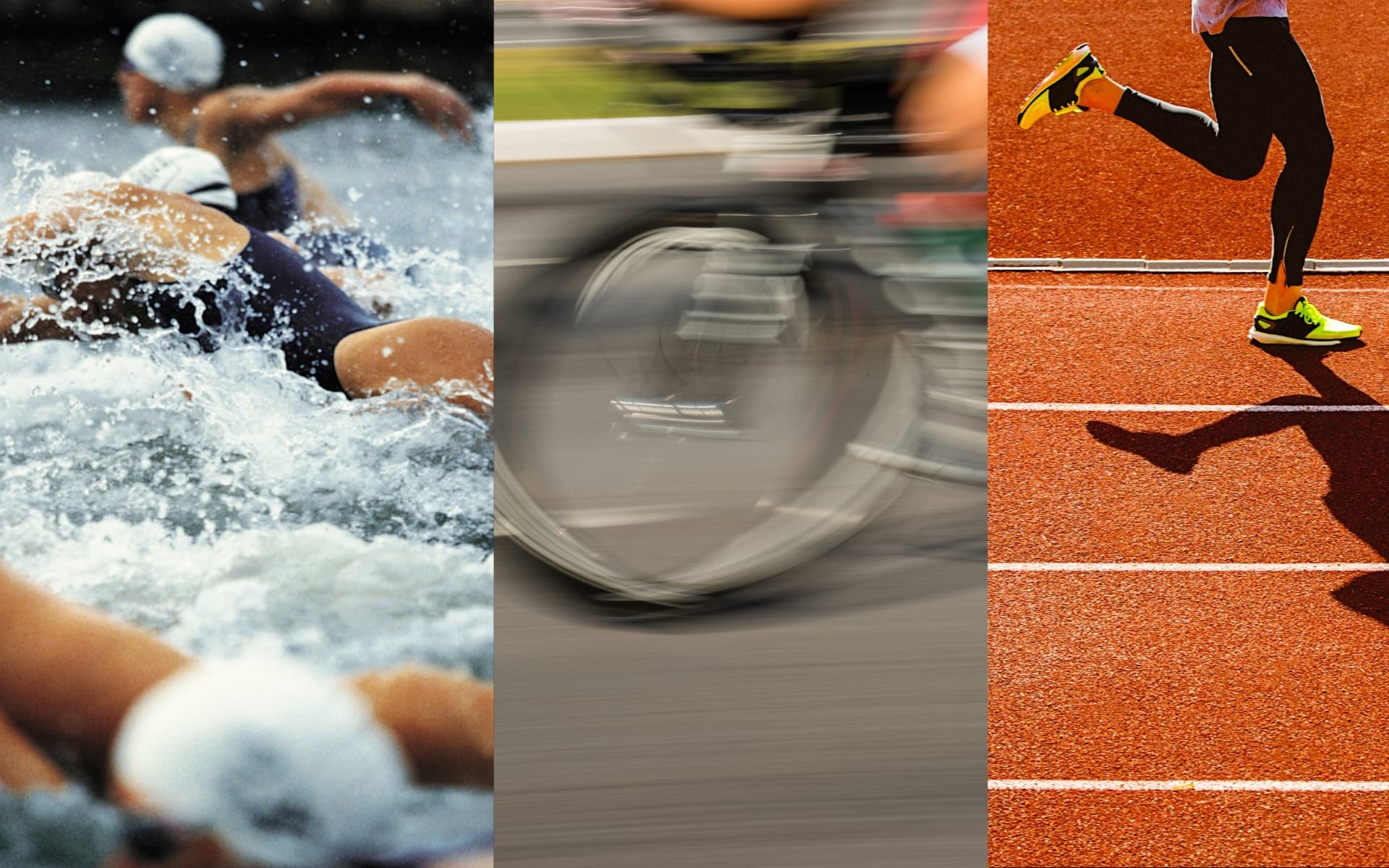 Triptyque des trois disciplines du triathlon : natation, vélo et course à pied